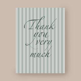  "Elegant thank you card with striped pattern and handwritten text. Suitable for a variety of occasions to express gratitude."

The image shows a thank you card with a striped pattern in shades of gray and white. The text on the card reads "Thank you very much" in a handwritten script font. The card is presented with a white envelope, suggesting it is a greeting card or stationery item. This thank you card would be suitable for a variety of occasions where one wishes to express gratitude in an elegant and thoughtful manner.