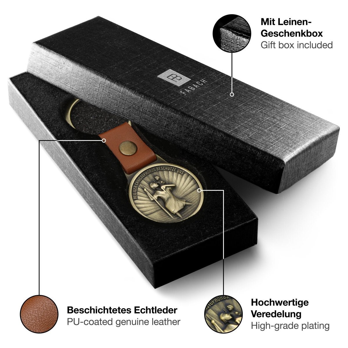 "Christophorus" patroonheilige van de reizigers sleutelhanger - Sint-Christoffel amulet - Bon Voyage plaquette op een leren band