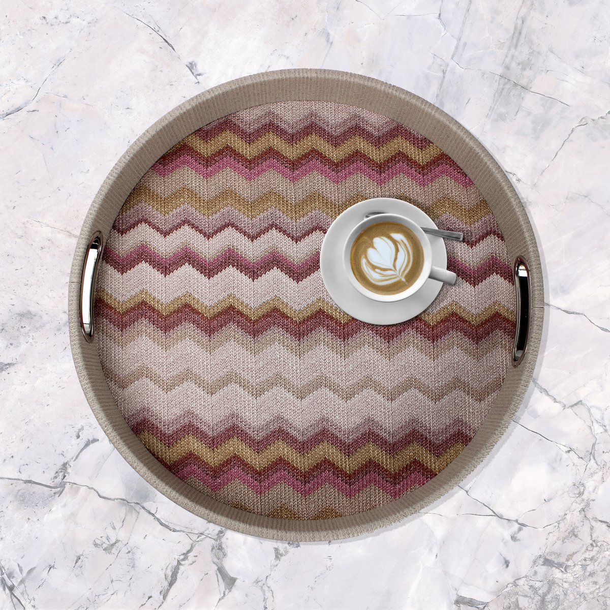 Plateau rond rose à motif zigzag avec poignées en acier inoxydable