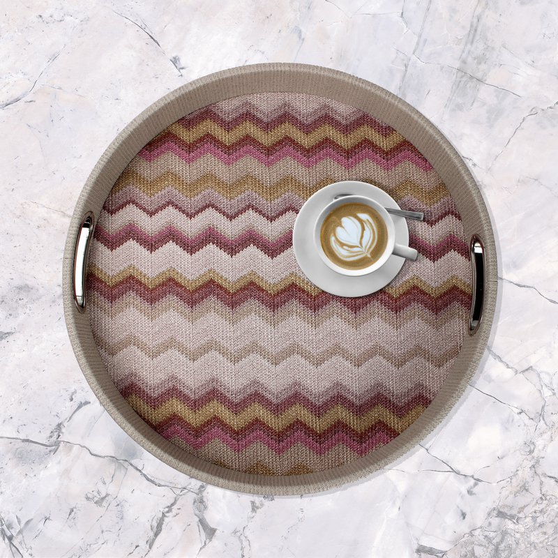 Plateau rond rose à motif zigzag avec poignées en acier inoxydable