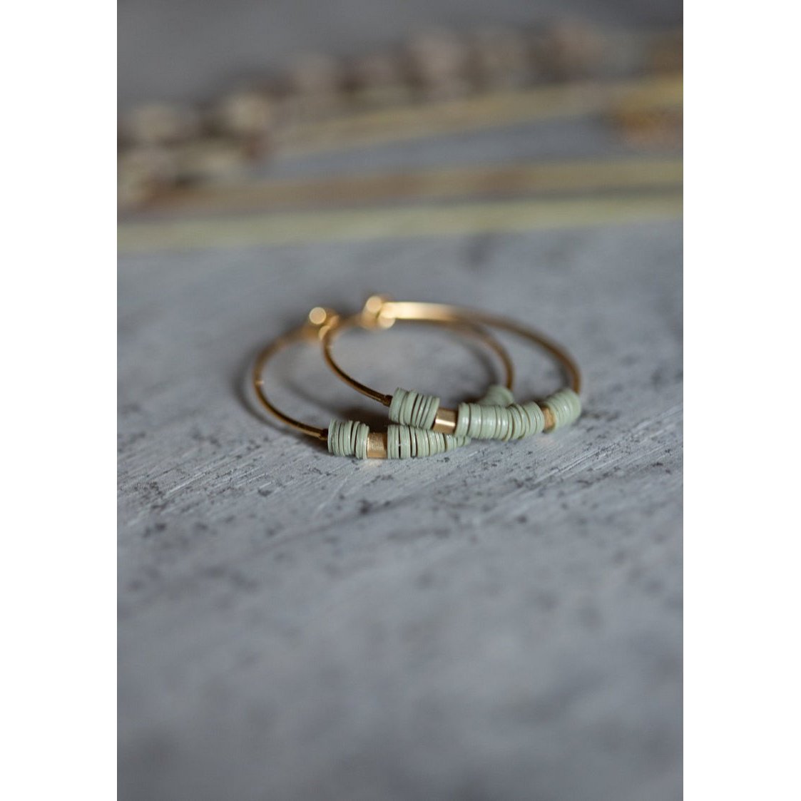 Litha hoop earrings, golden khaki sun, matt gold and sequins