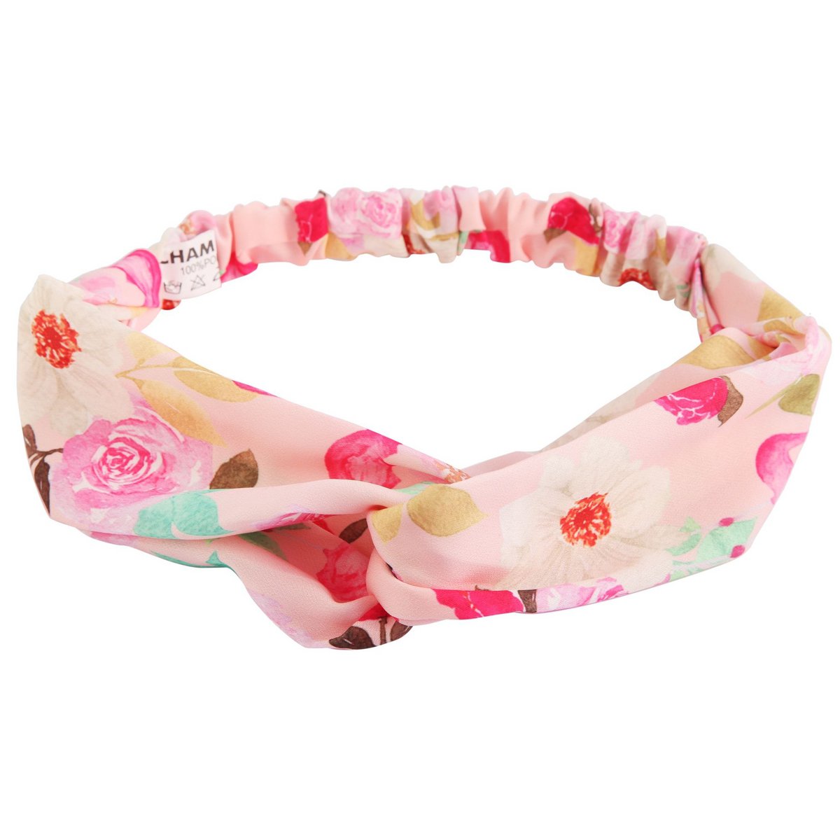 Hoofdband, polyester, elastiek, roze met bloemen