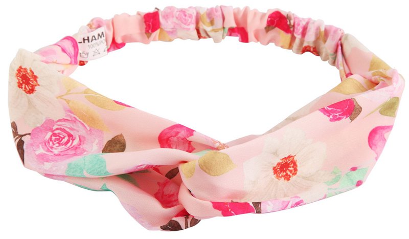 Hoofdband, polyester, elastiek, roze met bloemen