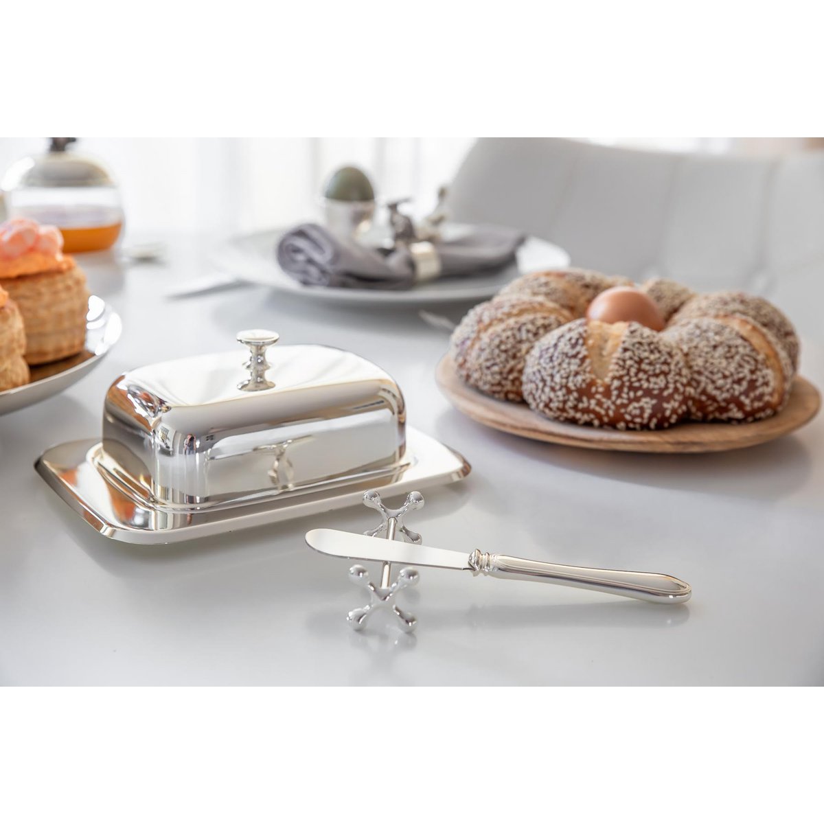 EDZARD butter dish Mista 13x18 cm, H 8 cm, glass insert, silver-plated, with butter knife