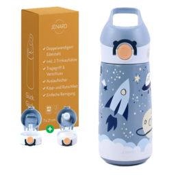  Double-walled stainless steel drinking bottle for children, available in pink/rainbow and blue colors with a rocket ship design.