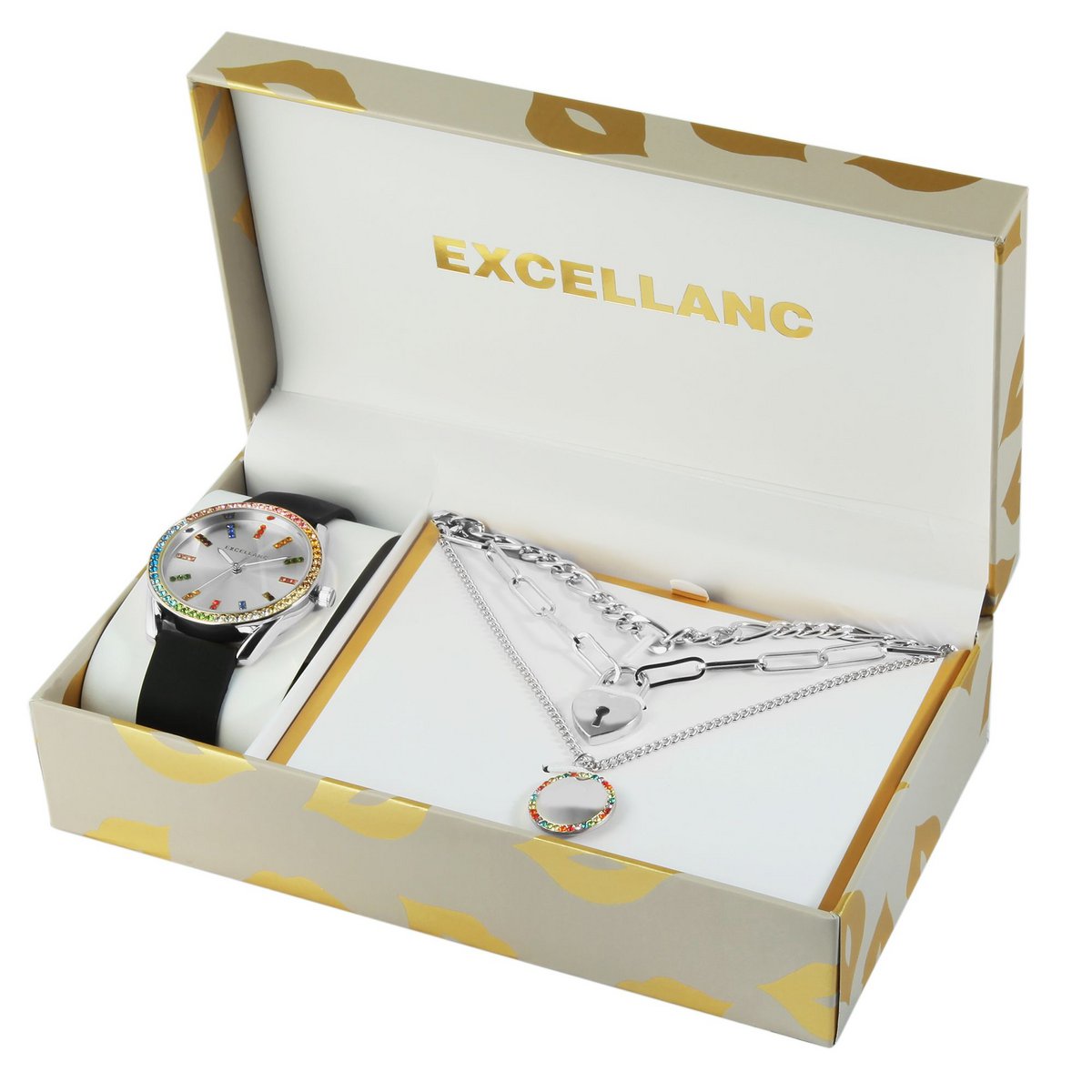 Excellanc gift set with women's wristwatch and three chains, colorful simile trim, silver-colored