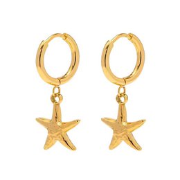 Gold-tone starfish earrings with circular hoops, suitable for kids.