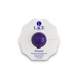 A reusable face mask made of lace material in a deep purple color. The mask features a circular design and is labeled as "Ilmatar" on the packaging.