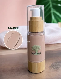 Liquid mineral foundation, natural beige tone, wooden bamboo pump dispenser, eco-friendly packaging, SPF protection