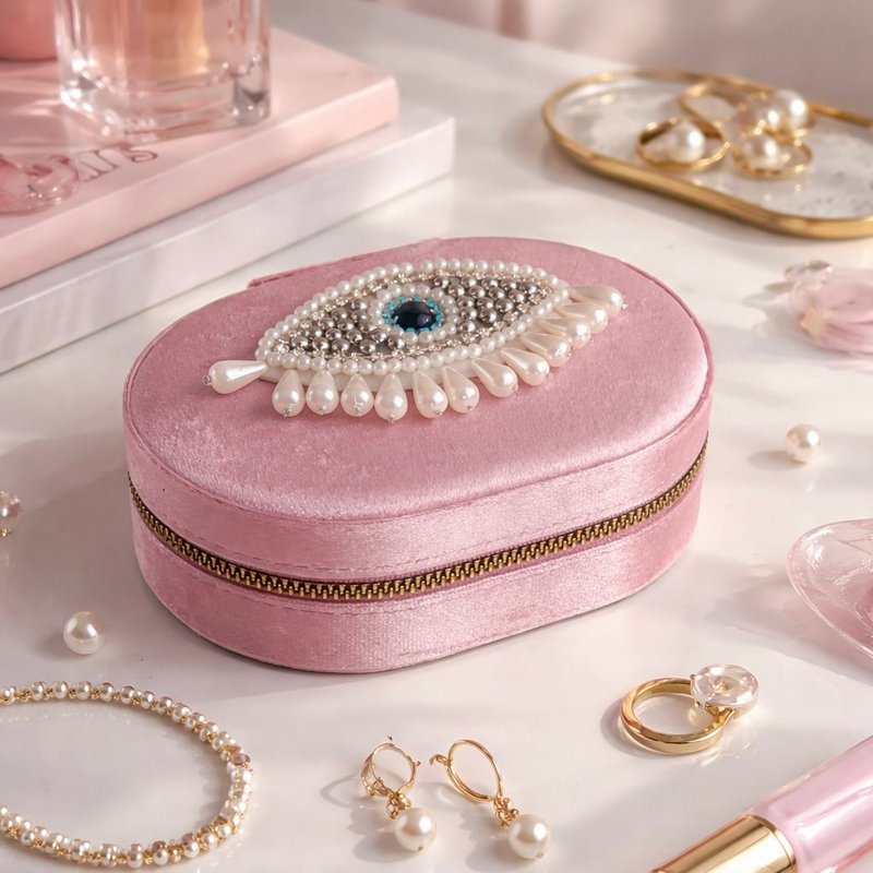 Velvet Travel Jewelery Case with Eye - Pink