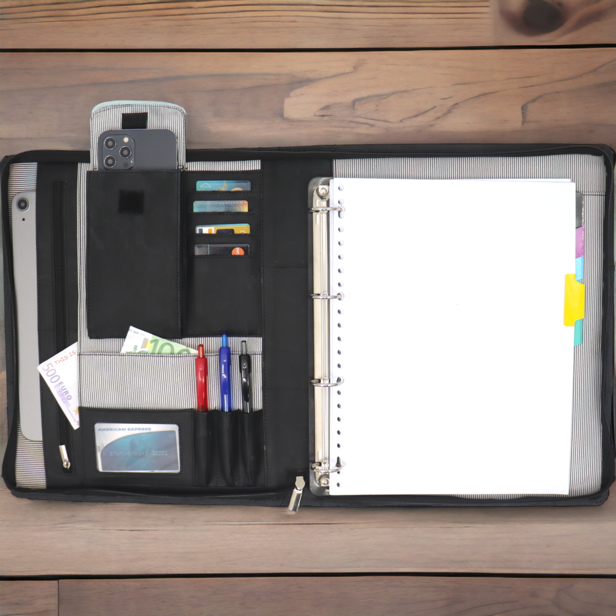 Leather Writing Case A4 - Conference Folder - Document Folder A4 - Tablet Sleeve & Laptop Sleeve - Removable Ring Binder