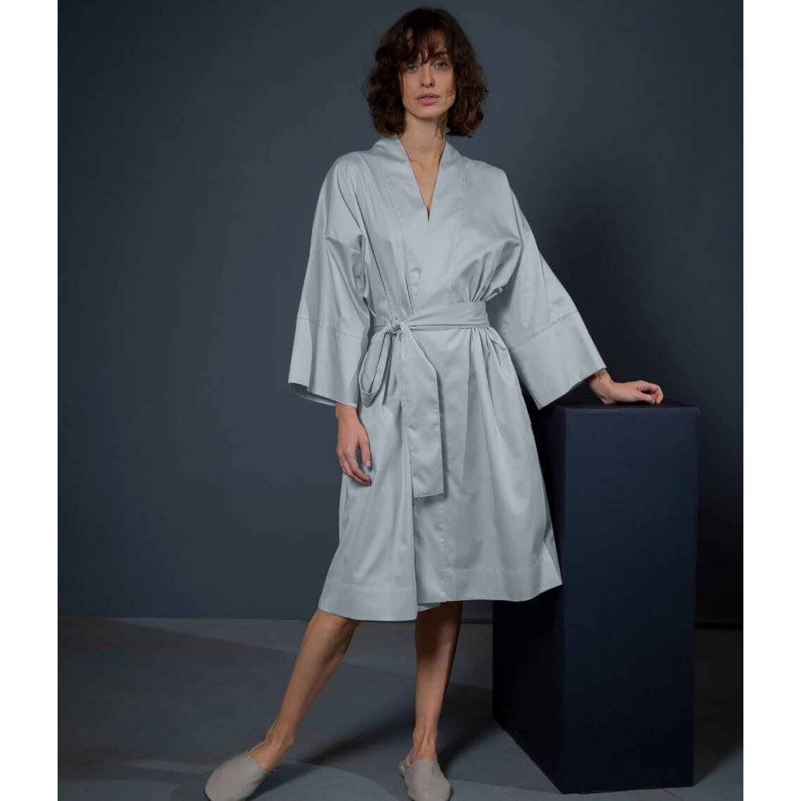 Satijnen kimono badjas Effen lichtblauw