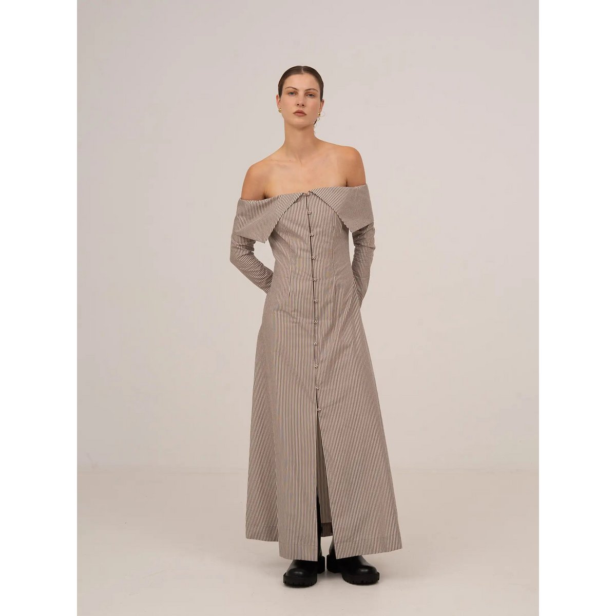 Bardot Brown Striped Off Shoulder Maxi Dress