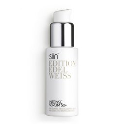 Intense Serum 50+ is a toner product with a sleek, silver-colored pump bottle. The product description should focus on key details like the product's intended use as an anti-aging serum, its key ingredients or benefits, and any relevant information about the product's texture, application, or packaging.