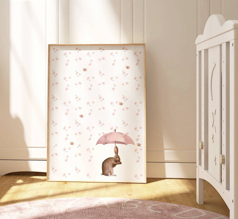 Conejito con póster rosa para paraguas y flores, póster de conejito, lindo póster de conejito, póster de habitación de niñas rosas, estampado de conejito lindo, estampado de arte de guardería de niñas, habitación para niñas