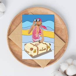 Vibrant postcard with a woman in a pink dress sitting on a suitcase against a colorful beach background, conveying a summer vacation vibe.