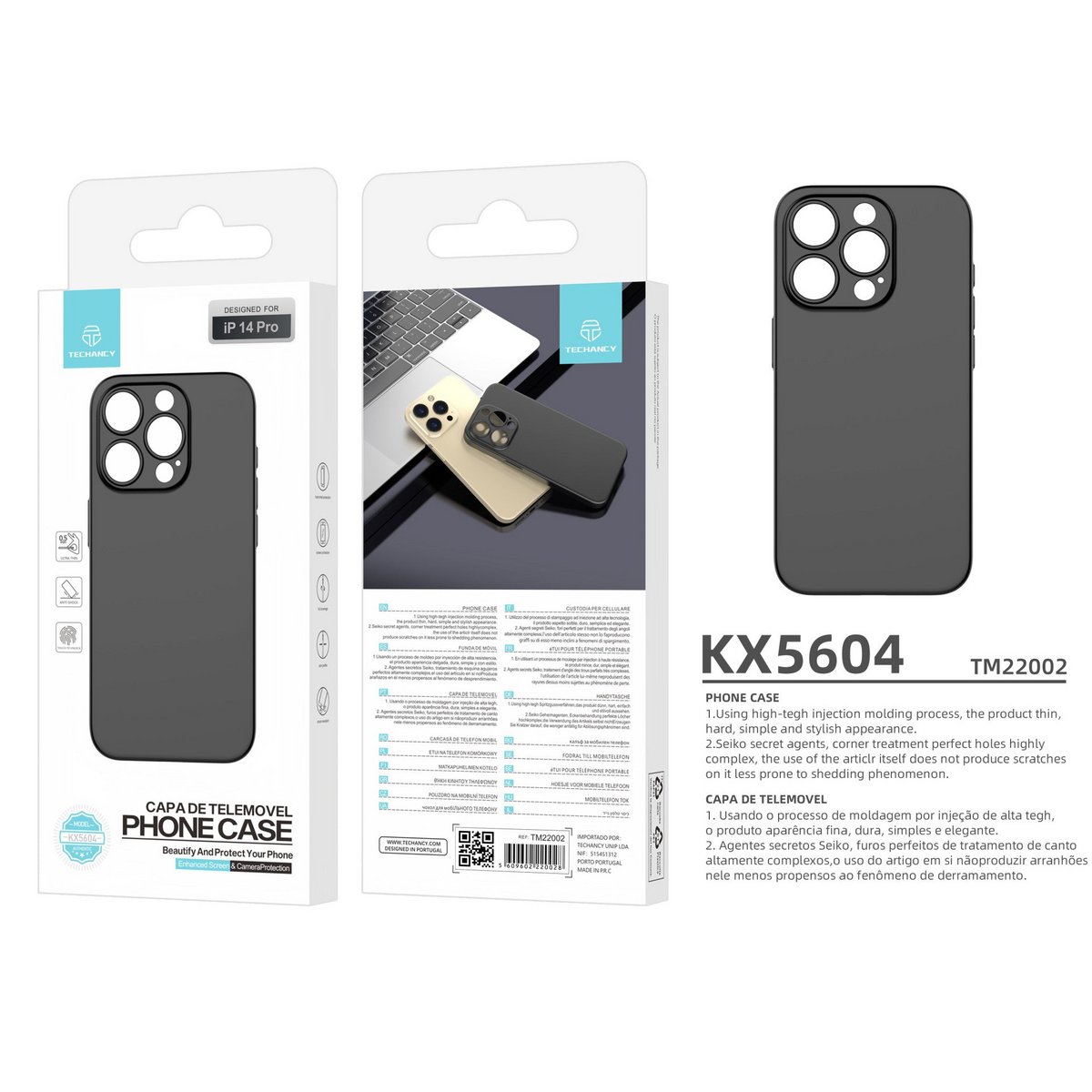 Techancy Capa Para Telemóvel Ultra Fina Preta KX5604, Compatível Com O Telemóvel Iphone 14 Pro, Material Pp De 0,5 Mm.