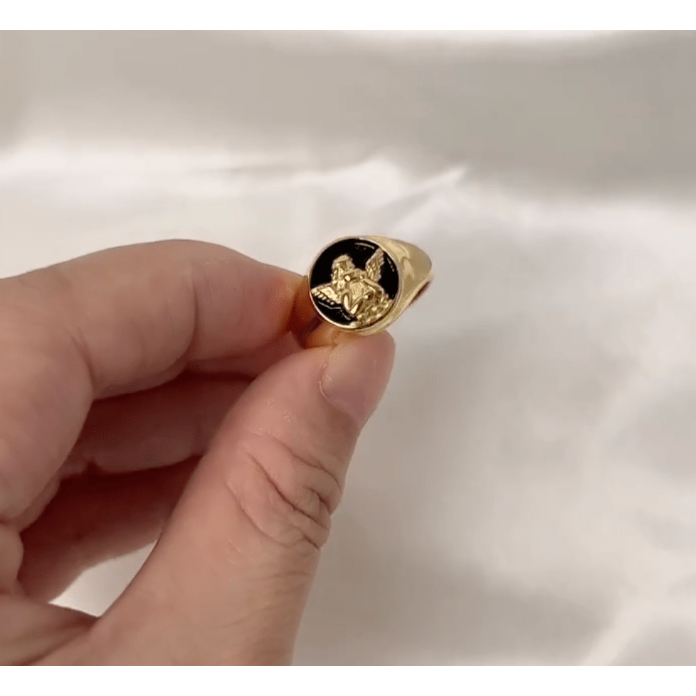 Kiki - Carved Angel Baby Black Enamel Signet Ring