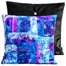 Velvet cushion with a vibrant, abstract pattern in shades of blue, purple, and white. The cushion has a square shape and measures 40x40cm or 60x60cm.