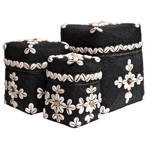 Schwarze dekorative Schachteln mit Muscheln - 3er Set
