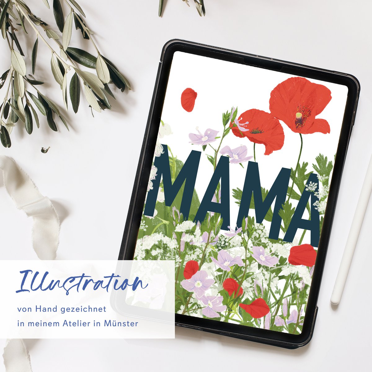 Muttertagskarte MAMA mit roten und lila Wildblumen