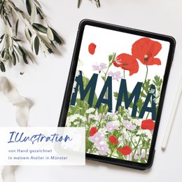 Tarjeta del día de la madre MAMA con flores silvestres rojas y moradas.