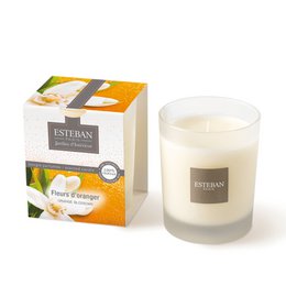  Orange blossom scented candle, tall cylindrical white glass jar, warm orange and cream packaging, aromatic home fragrance