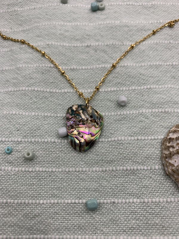 Muschelkette | Paua/Abalone 40 cm goldener Edelstahl handgefertigter Strand-Ozean-Schmuck