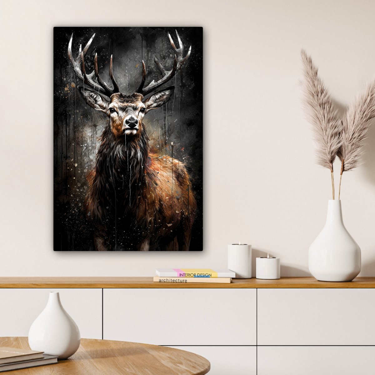 Leinwand Malerei - Wanddekoration Hert - Schwarz - Tier - Hirschbett - Wanddekoration Wohnzimmer - Schlafzimmer Dekoration - Raumzubehör - Leinwand Gemälde