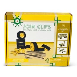  A set of black and yellow building blocks with wheels and twist connectors. The blocks appear to be made of plastic and are packaged in a yellow and white box.