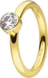 A gold ring with a round, clear stone set in a simple, elegant design. The ring has a classic, timeless style that would complement a variety of outfits.