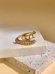 Bague ajustable Feuille et Perles Ajustable en Acier