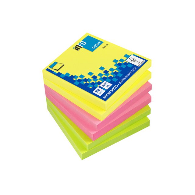 Info notes 75x75mm ass. kleuren pak 6 blok geel, rose, groen