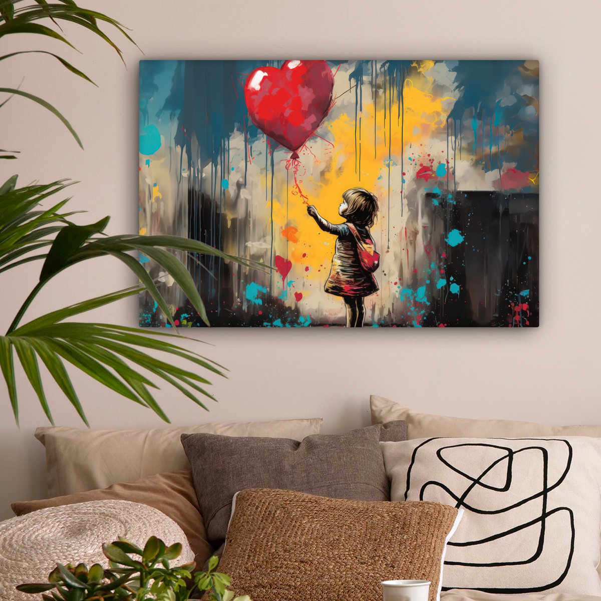 Canvas schilderij  - Wanddecoratie Meisje - Ballon - Hart - Graffiti - Muurdecoratie woonkamer - Slaapkamer decoratie - Kamer accessoires - Schilderijen op canvas