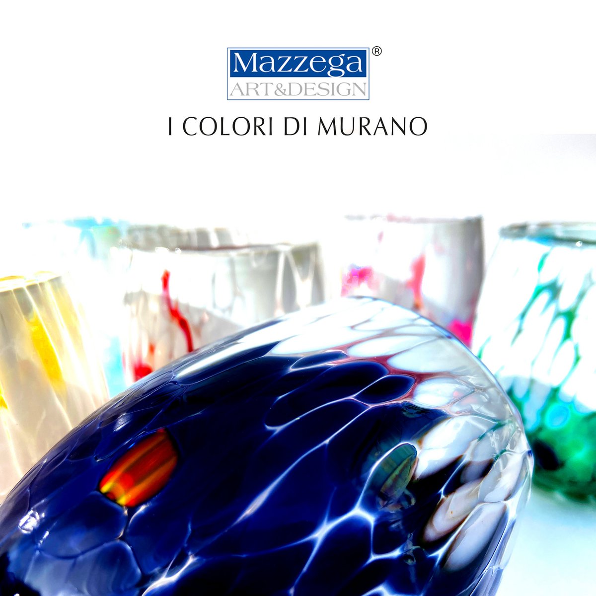 6 große zweifarbige Wassergläser aus mundgeblasenem und handgefertigtem Glas mit Murano-Murrine, Linie „I Colori di Murano“, 435 ml. Hergestellt in Italien
