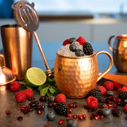 Líon kobberkrussæt - 4x Moscow Mule krus (500 ml) + 6-delt tilbehørssæt
