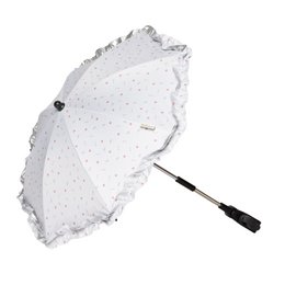 White parasol pram/buggy accessory with red flower pattern, UV-resistant coating, and 1-year warranty.