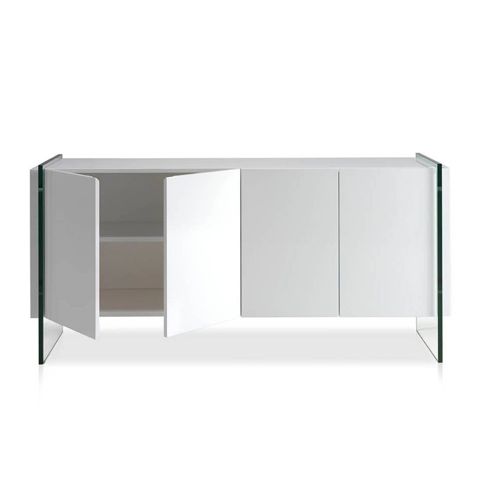 Sideboard aus weißem Holz und gehärtetem Glas