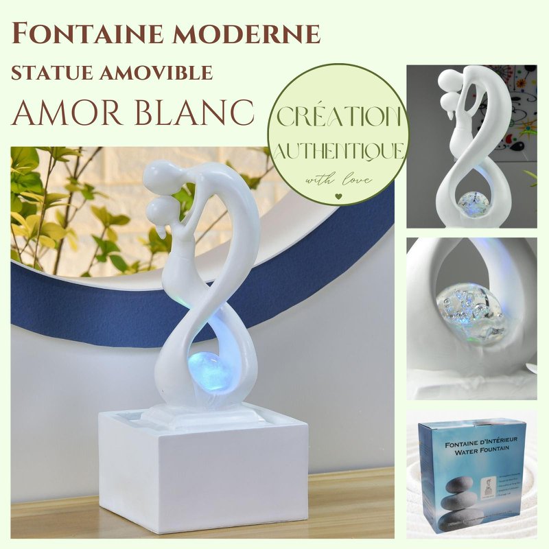 Indendørs springvand - Amor Hvid - Moderne med farverigt LED-lys - Aftagelig Lovers Skulptur - Moderne boligindretning - Roterende bold
