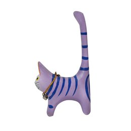 Handmade ring holder cat made of wood colorful yellow violet