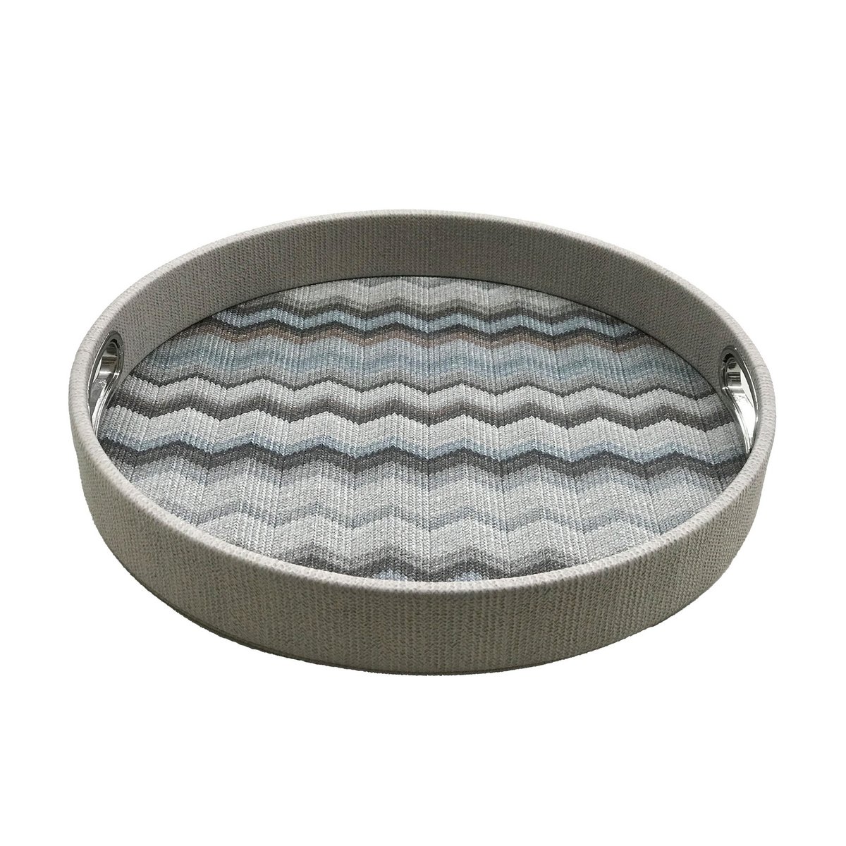 Plateau rond bleu à motif zigzag avec poignées en acier inoxydable