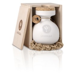 Organic extra virgin olive oil in a delicate Patrinia variety, packaged in a 200ml wooden bottle.