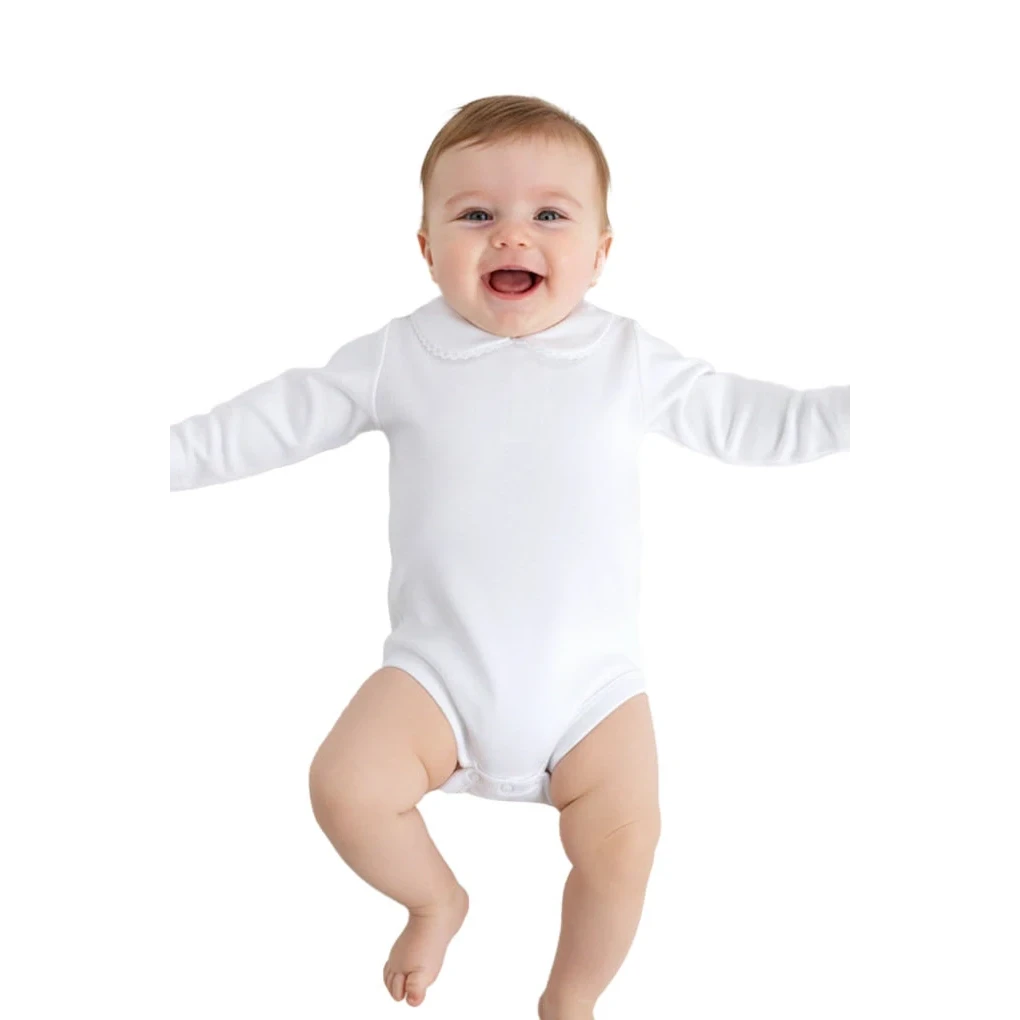 Babybody med krave, børstet, langærmet, hvid