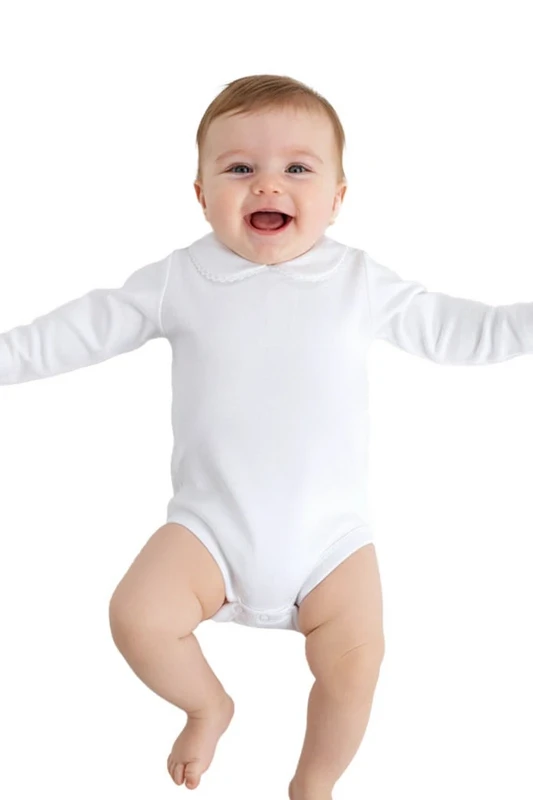 Babybody med krave, børstet, langærmet, hvid