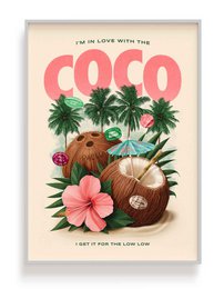 Vibrant poster featuring tropical palm trees, a coconut, and a pink hibiscus flower. The text "COCO" is prominently displayed in a retro-inspired font, creating a fun and summery vibe.
