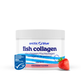 Fish collagen powder with strawberry flavor and vitamin C. Dietary supplement in a white container.