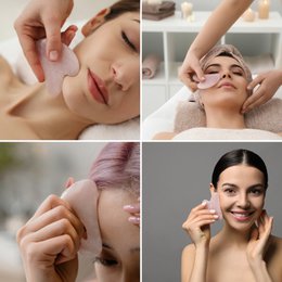 Accesorios de belleza Massage Quartz Rose: Lot de 3 herramientas de piedra natural: un gua sha, un champi y un rollo de masaje