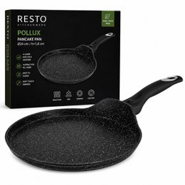 A cast iron pan with a wooden handle, suitable for all heat sources. The pan is black in color and measures 24 cm in diameter and 2.5 cm in depth.