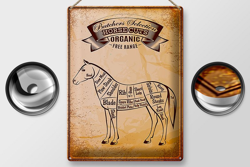 Tin sign butcher shop 30x40cm horse Horse cuts Organic
