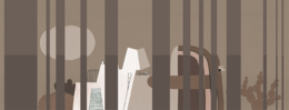 Striped sepia-toned wallpaper with abstract geometric shapes, suitable for a kids' room.